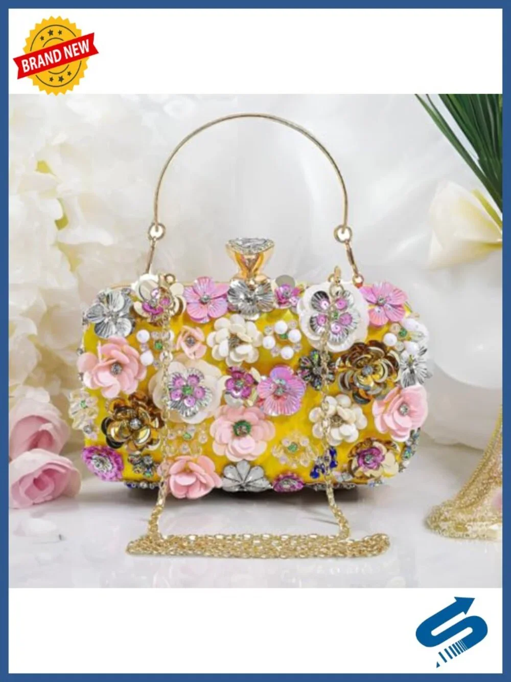 Floral Beaded Clutch Evening Bag Satin Sequin Statement Purse